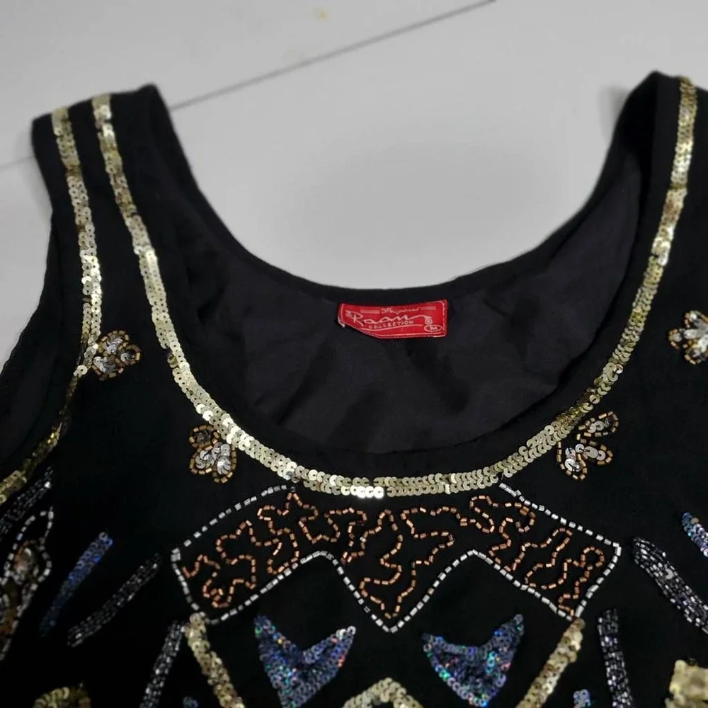 Raan Collection Womens Tank Dress Black Abstract Lined Pullover Beaded‎ Boho M